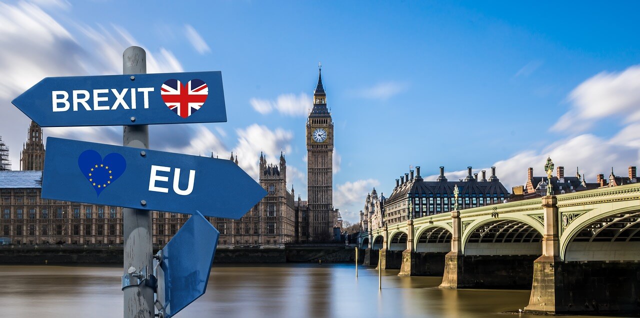 EU and Brexit sign in front Houses of Parliament